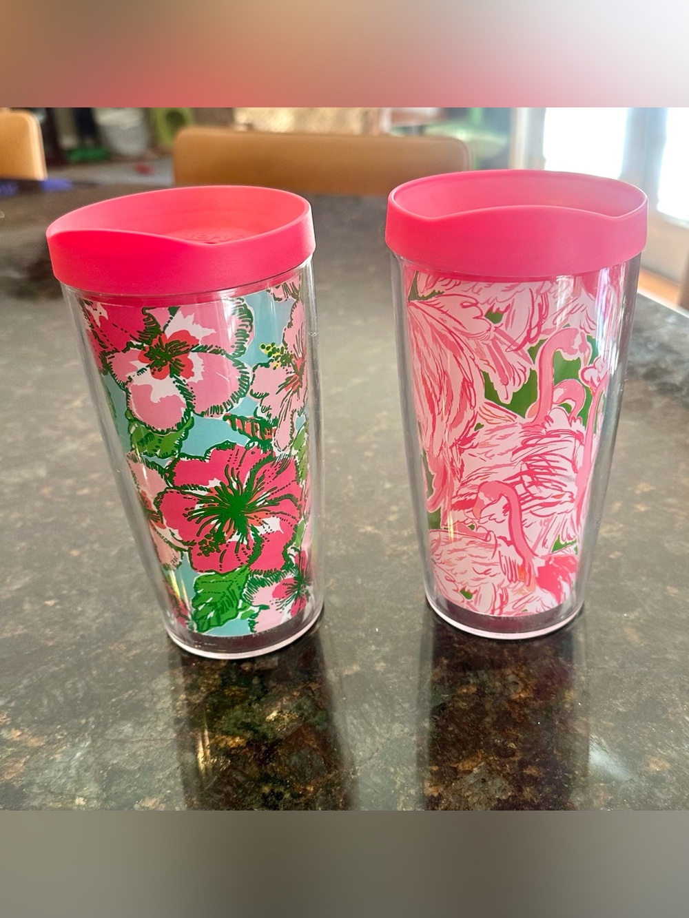 Lily Pulitzer Pink Floral and flamingo Double-Wall Travel Tumblers with Lids